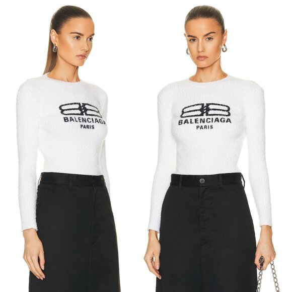NWT Balenciaga Pilling License Crewneck Knit Sweater White Cotton Logo Graphic - Picture 1 of 9
